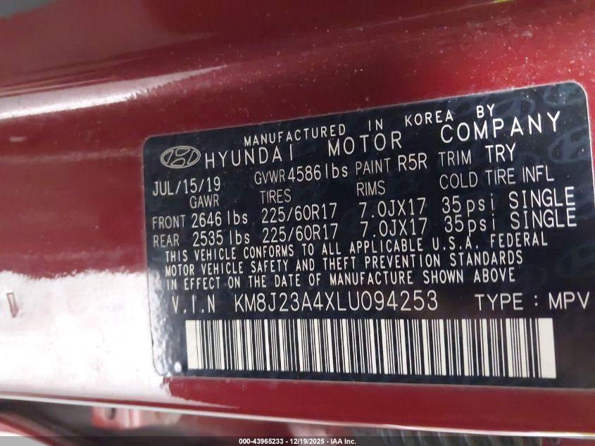 2020 Hyundai Tucson Se VIN: KM8J23A4XLU094253 Lot: 43965233