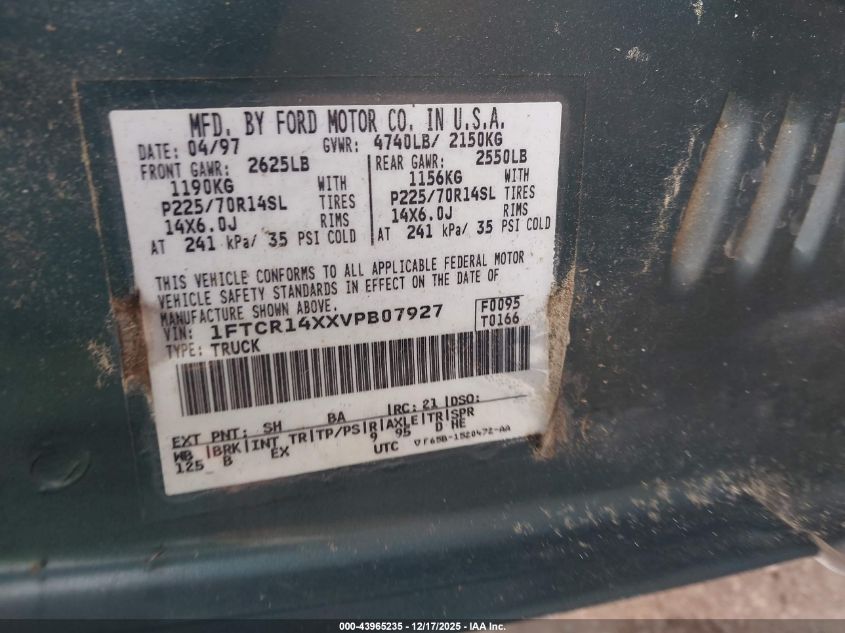 1997 Ford Ranger Splash/Xlt VIN: 1FTCR14XXVPB07927 Lot: 43965235