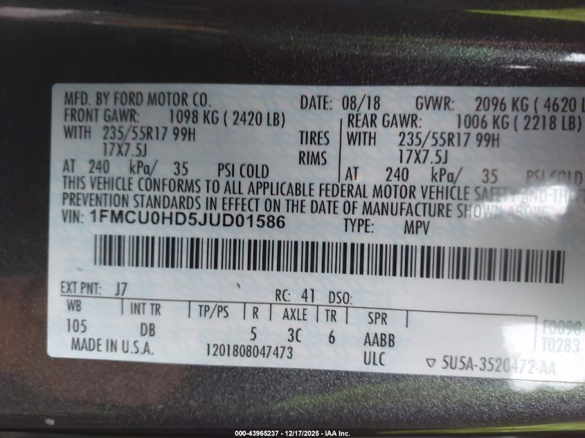 2018 Ford Escape Sel VIN: 1FMCU0HD5JUD01586 Lot: 43965237