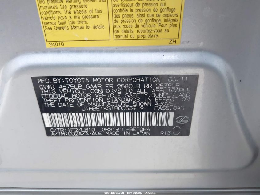 2011 Lexus Gs 350 VIN: JTHBE1KS1B0053919 Lot: 43965238