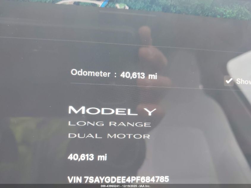 2023 Tesla Model Y Awd/Long Range Dual Motor All-Wheel Drive VIN: 7SAYGDEE4PF684785 Lot: 43965241
