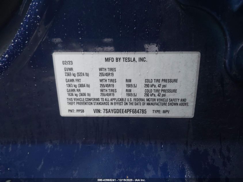 2023 Tesla Model Y Awd/Long Range Dual Motor All-Wheel Drive VIN: 7SAYGDEE4PF684785 Lot: 43965241