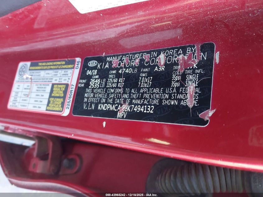 2019 Kia Sportage Lx VIN: KNDPMCAC8K7494132 Lot: 43965242