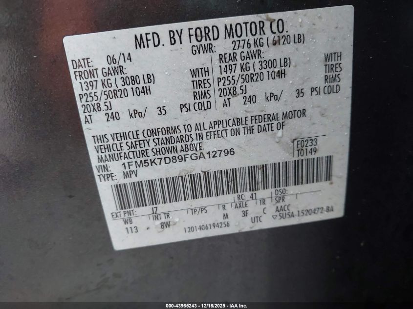 2015 Ford Explorer Xlt VIN: 1FM5K7D89FGA12796 Lot: 43965243