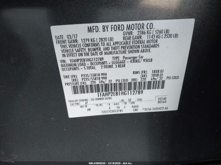 2017 Ford Taurus Sel VIN: 1FAHP2E81HG112789 Lot: 43965245