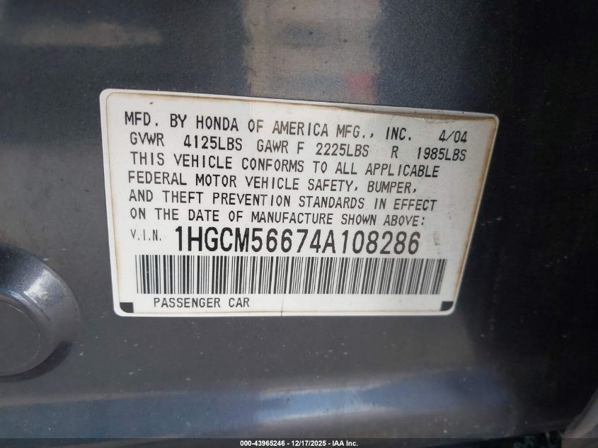 2004 Honda Accord 2.4 Ex VIN: 1HGCM56674A108286 Lot: 43965246