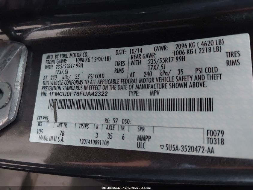 2015 Ford Escape S VIN: 1FMCU0F76FUA42322 Lot: 43965247