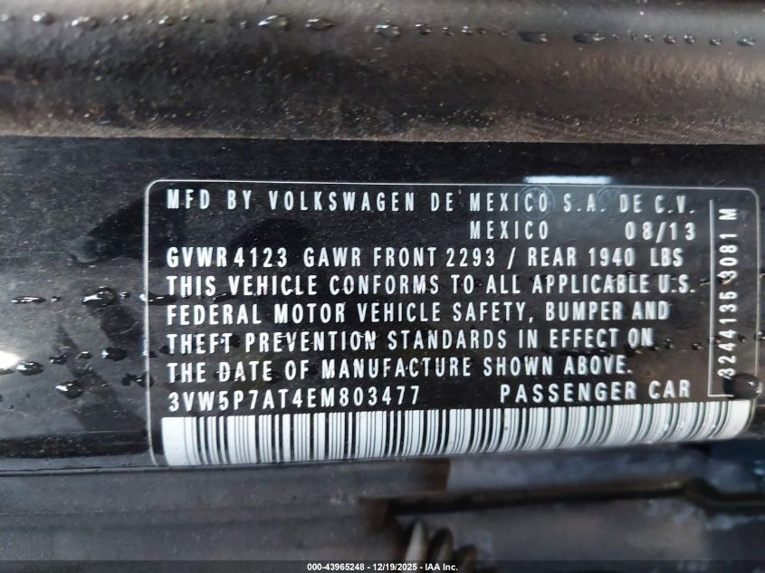 2014 Volkswagen Beetle 2.5L VIN: 3VW5P7AT4EM803477 Lot: 43965248