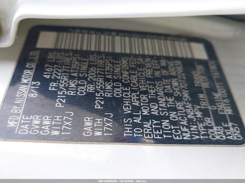 2013 Nissan Juke Sl VIN: JN8AF5MV7DT229838 Lot: 43965249