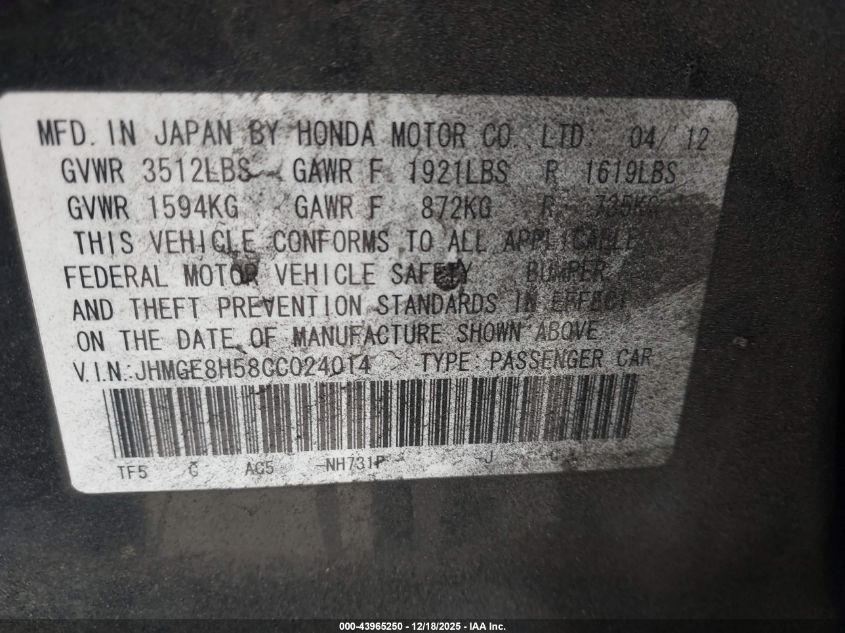 2012 Honda Fit Sport VIN: JHMGE8H58CC024014 Lot: 43965250