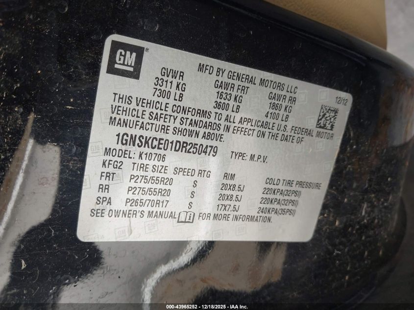 2013 Chevrolet Tahoe Ltz VIN: 1GNSKCE01DR250479 Lot: 43965252