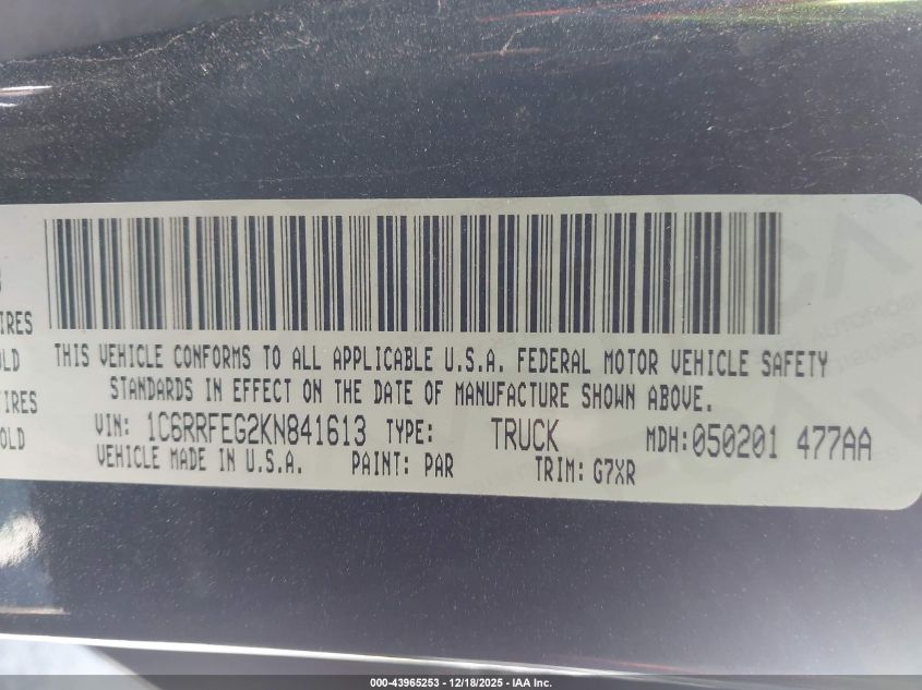 2019 Ram 1500 Rebel 4X4 6'4 Box VIN: 1C6RRFEG2KN841613 Lot: 43965253