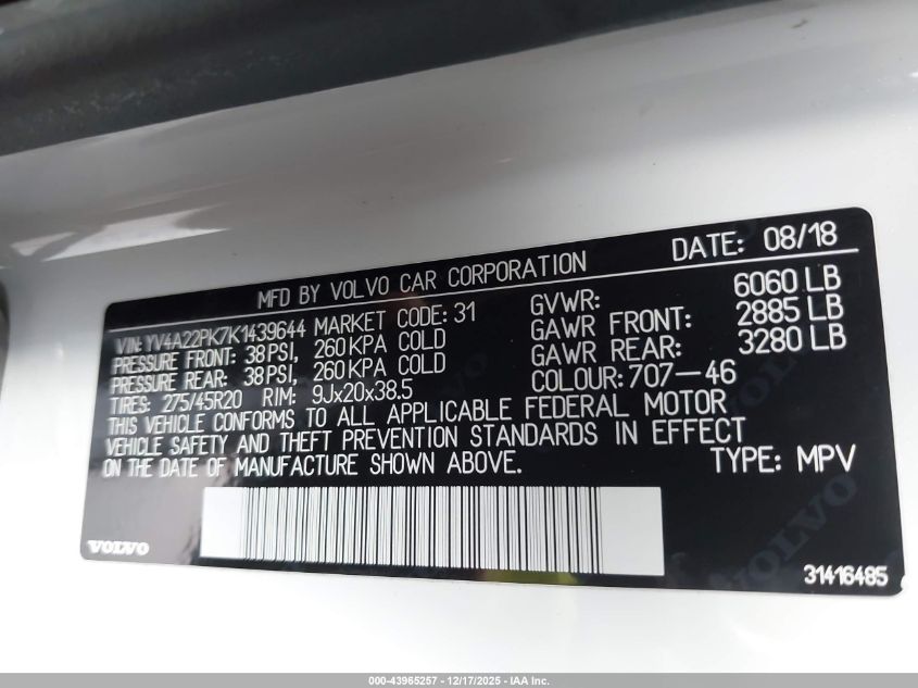 2019 Volvo Xc90 T6 Momentum VIN: YV4A22PK7K1439644 Lot: 43965257