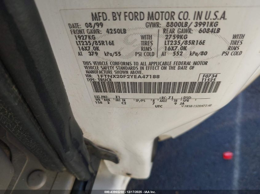 2000 Ford F-250 Lariat/Xl/Xlt VIN: 1FTNX20F2YEA47188 Lot: 43965258