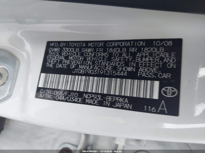 2009 Toyota Yaris VIN: JTDBT903191315444 Lot: 43965261