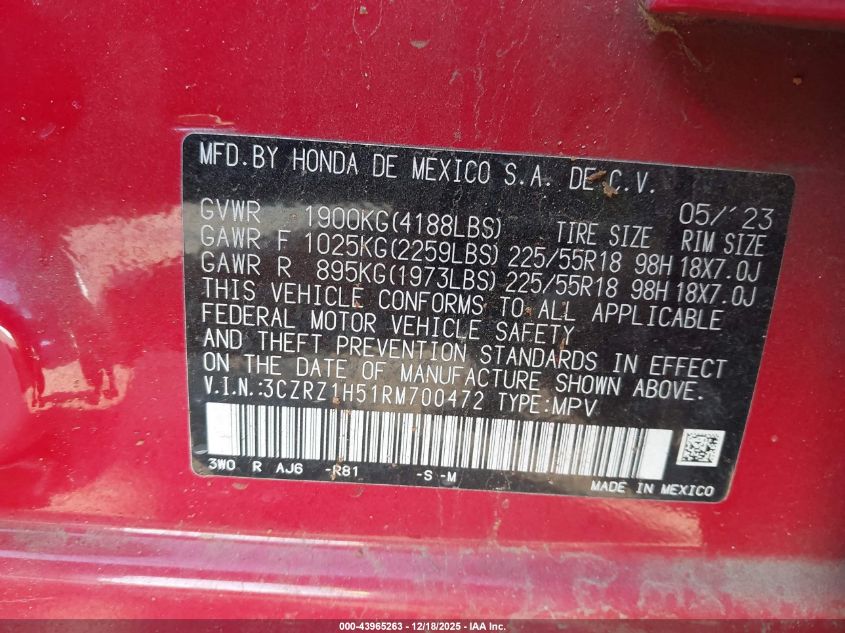 2024 Honda Hr-V 2Wd Sport W/O Bsi/Sport VIN: 3CZRZ1H51RM700472 Lot: 43965263