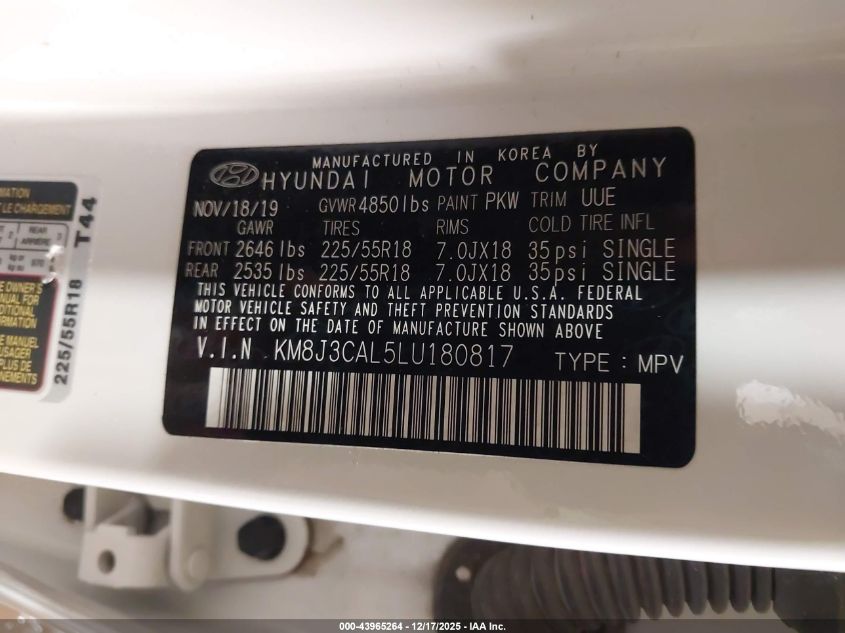 2020 Hyundai Tucson Ultimate VIN: KM8J3CAL5LU180817 Lot: 43965264