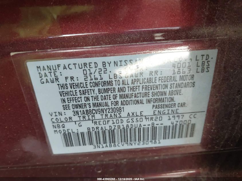 2022 Nissan Sentra Sv Xtronic Cvt VIN: 3N1AB8CV9NY230981 Lot: 43965265