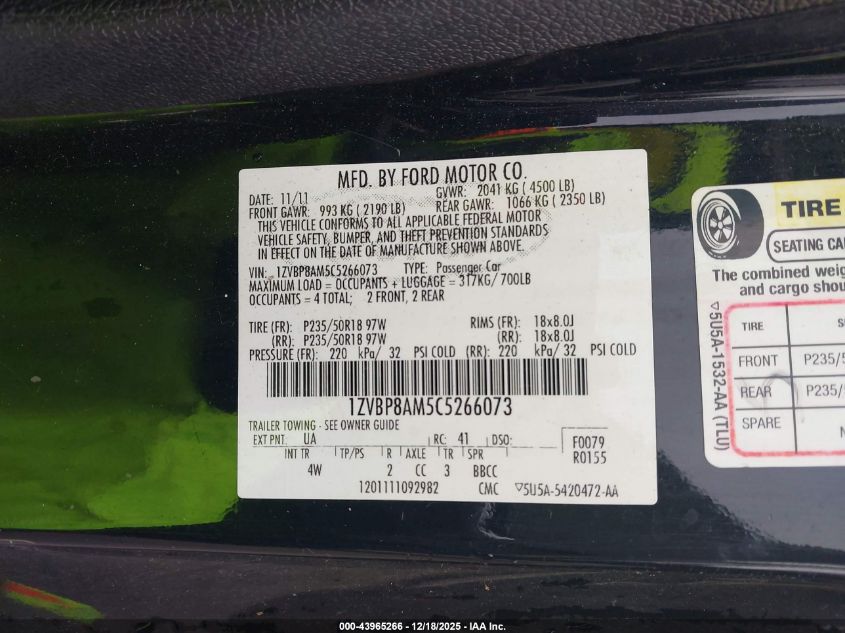2012 Ford Mustang V6 Premium VIN: 1ZVBP8AM5C5266073 Lot: 43965266