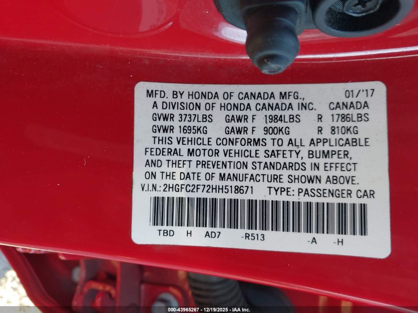 2017 Honda Civic Ex VIN: 2HGFC2F72HH518671 Lot: 43965267