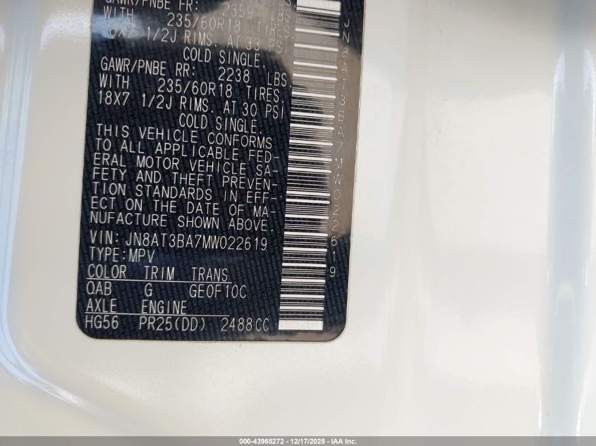 2021 Nissan Rogue Sv Fwd VIN: JN8AT3BA7MW022619 Lot: 43965272