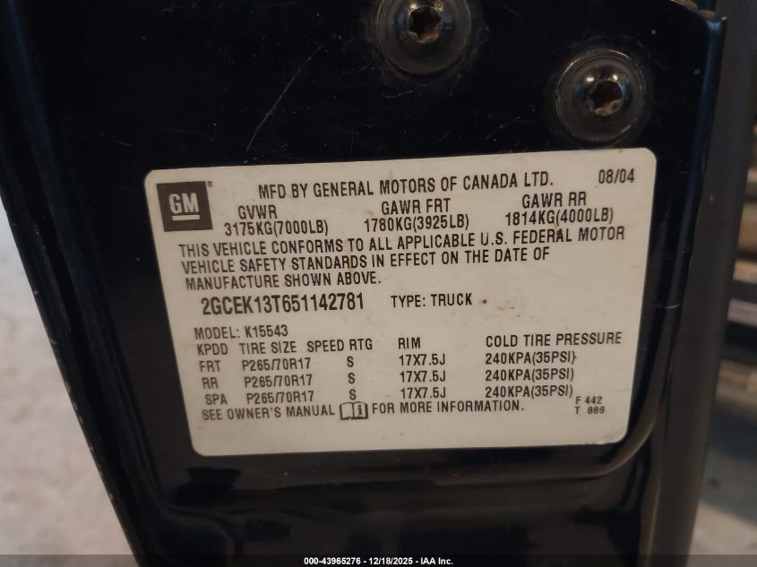 2005 Chevrolet Silverado 1500 Z71 VIN: 2GCEK13T651142781 Lot: 43965276