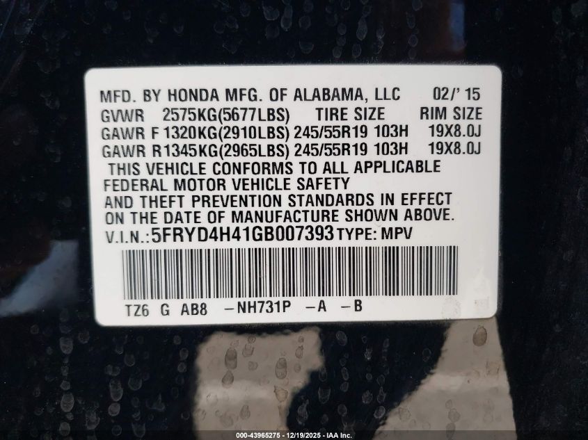 2016 Acura Mdx Technology Acurawatch Plus Packages/Technology Package VIN: 5FRYD4H41GB007393 Lot: 43965275