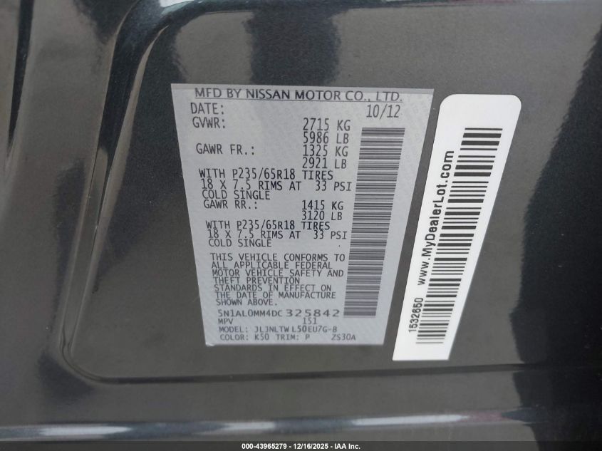 2013 Infiniti Jx35 VIN: 5N1AL0MM4DC325842 Lot: 43965279