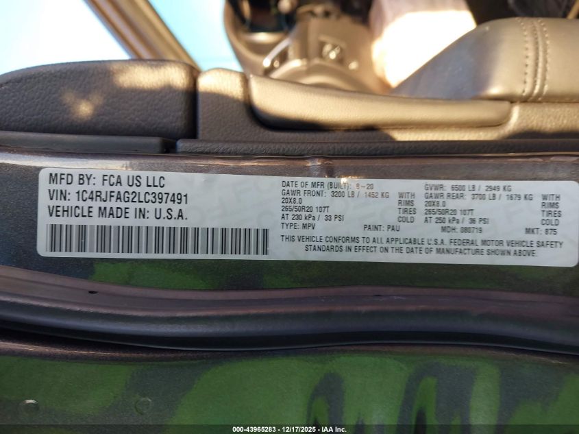 2020 Jeep Grand Cherokee Altitude 4X4 VIN: 1C4RJFAG2LC397491 Lot: 43965283