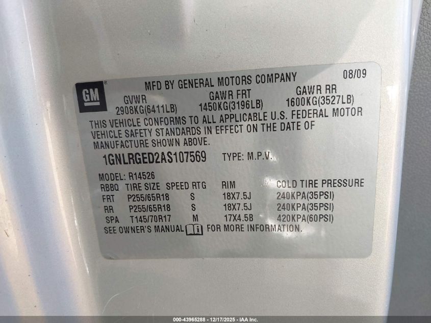 2010 Chevrolet Traverse Lt VIN: 1GNLRGED2AS107569 Lot: 43965288