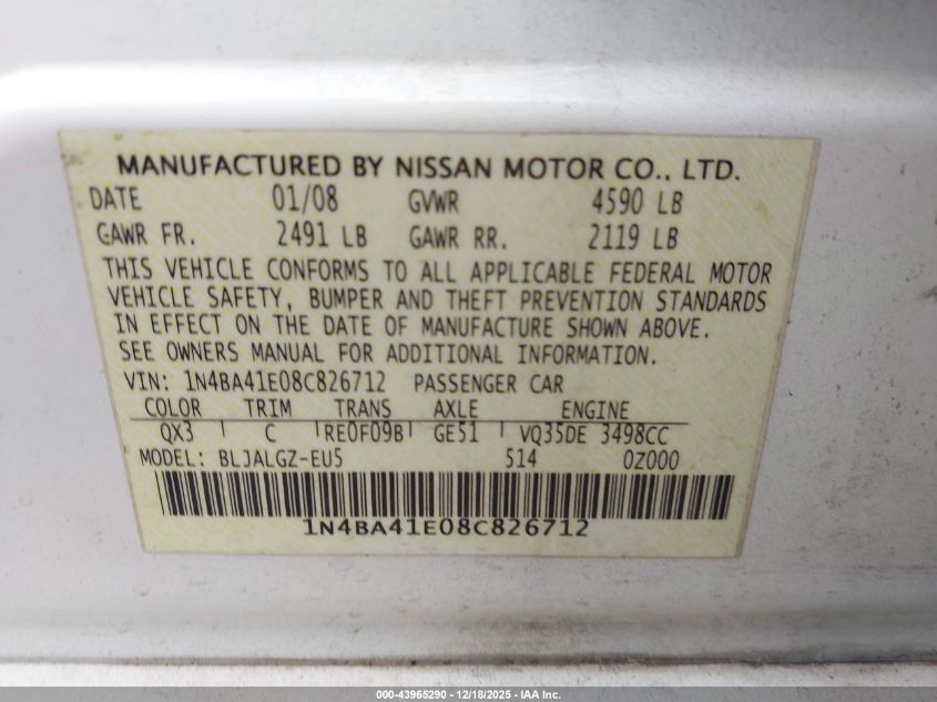 2008 Nissan Maxima 3.5 Sl VIN: 1N4BA41E08C826712 Lot: 43965290