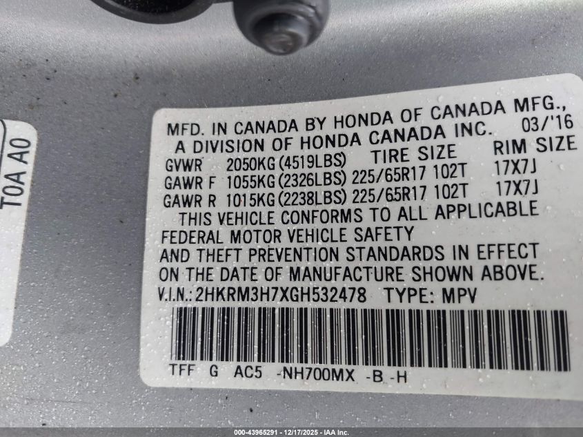 2016 Honda Cr-V Ex-L VIN: 2HKRM3H7XGH532478 Lot: 43965291