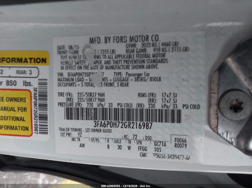 2016 Ford Fusion Se VIN: 3FA6P0H72GR216987 Lot: 43965292