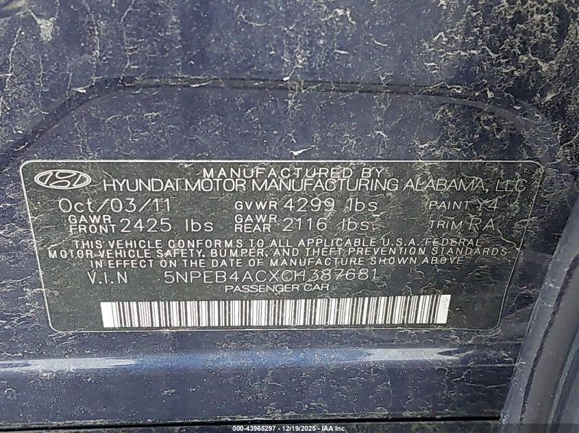 2012 Hyundai Sonata Gls VIN: 5NPEB4ACXCH387681 Lot: 43965297