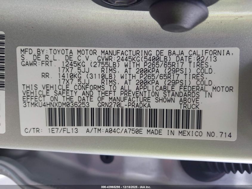 2013 Toyota Tacoma Prerunner V6 VIN: 3TMKU4HNXDM036253 Lot: 43965298