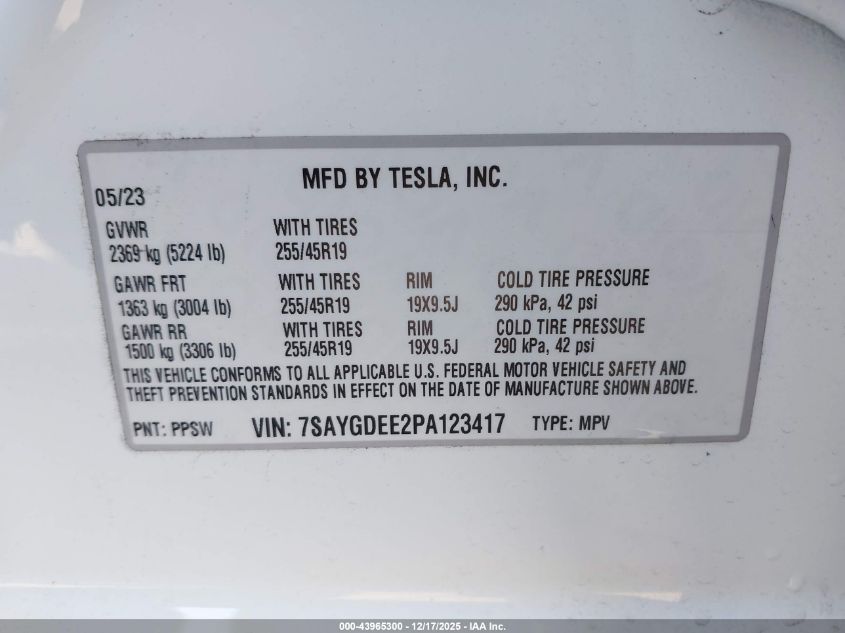 2023 Tesla Model Y Awd/Long Range Dual Motor All-Wheel Drive VIN: 7SAYGDEE2PA123417 Lot: 43965300