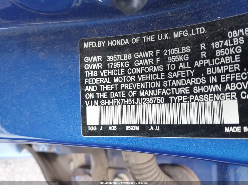 2018 Honda Civic Ex VIN: SHHFK7H51JU235750 Lot: 43965302