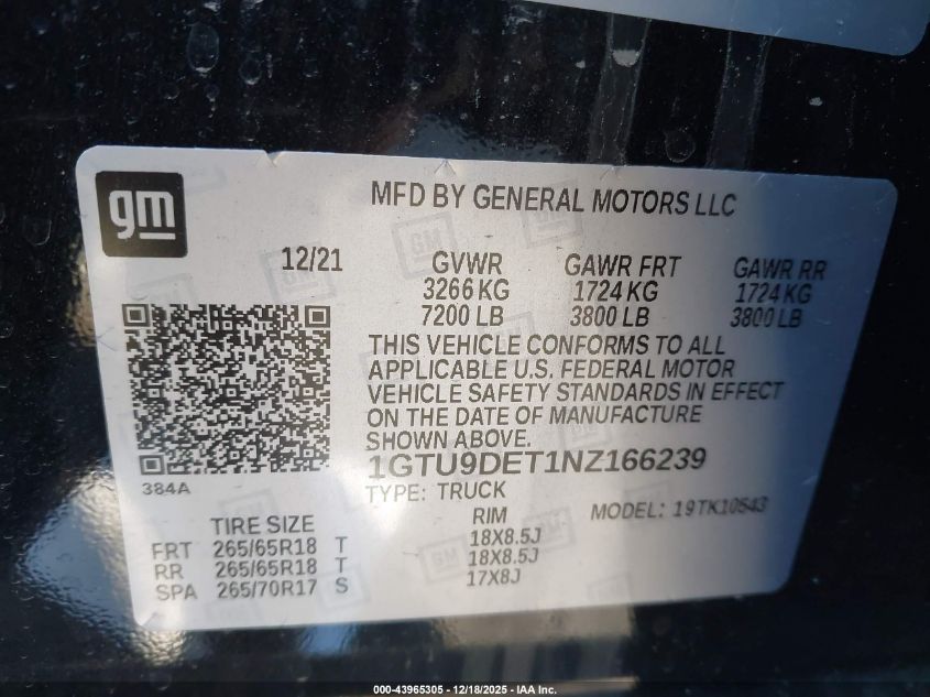 2022 GMC Sierra 1500 Limited 4Wd Short Box Slt VIN: 1GTU9DET1NZ166239 Lot: 43965305