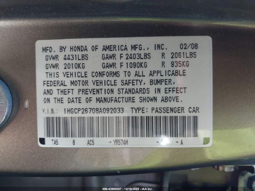2008 Honda Accord 2.4 Ex VIN: 1HGCP26708A092033 Lot: 43965307