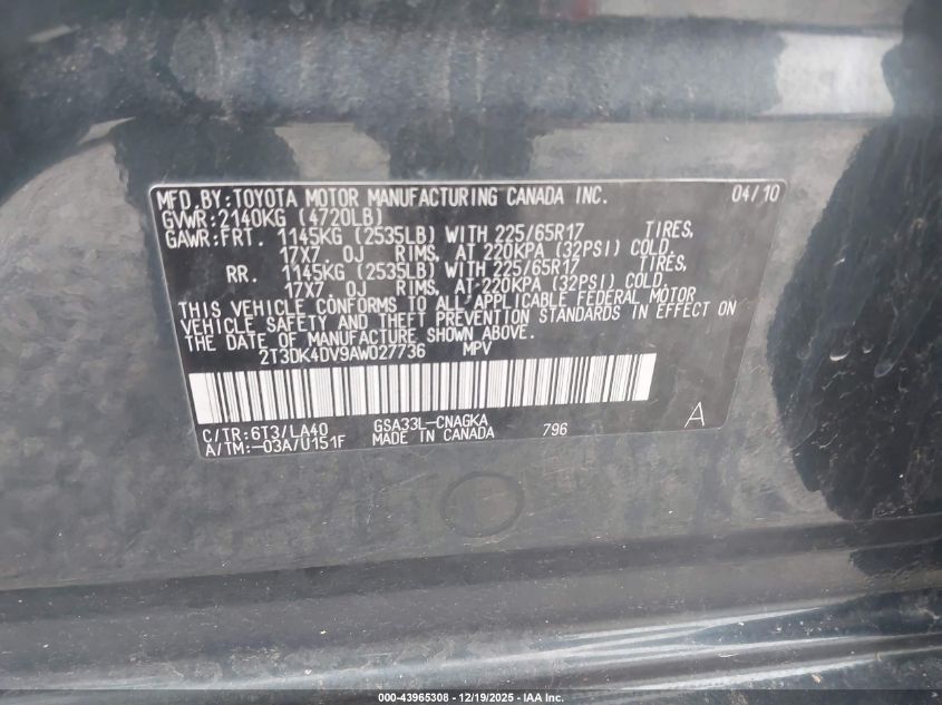 2010 Toyota Rav4 Limited V6 VIN: 2T3DK4DV9AW027736 Lot: 43965308