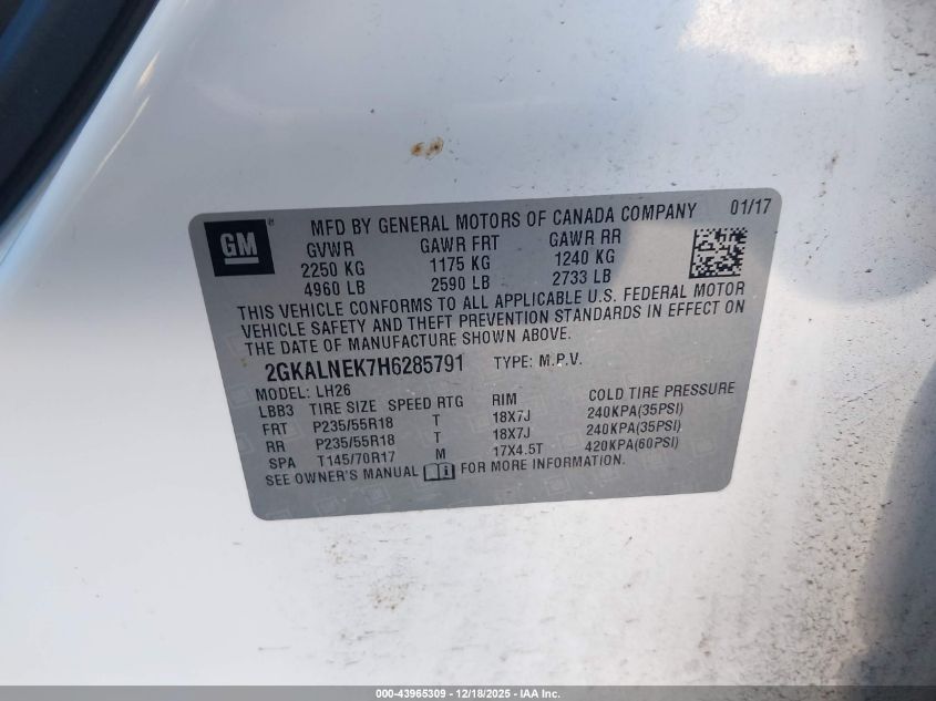 2017 GMC Terrain Sle-2 VIN: 2GKALNEK7H6285791 Lot: 43965309