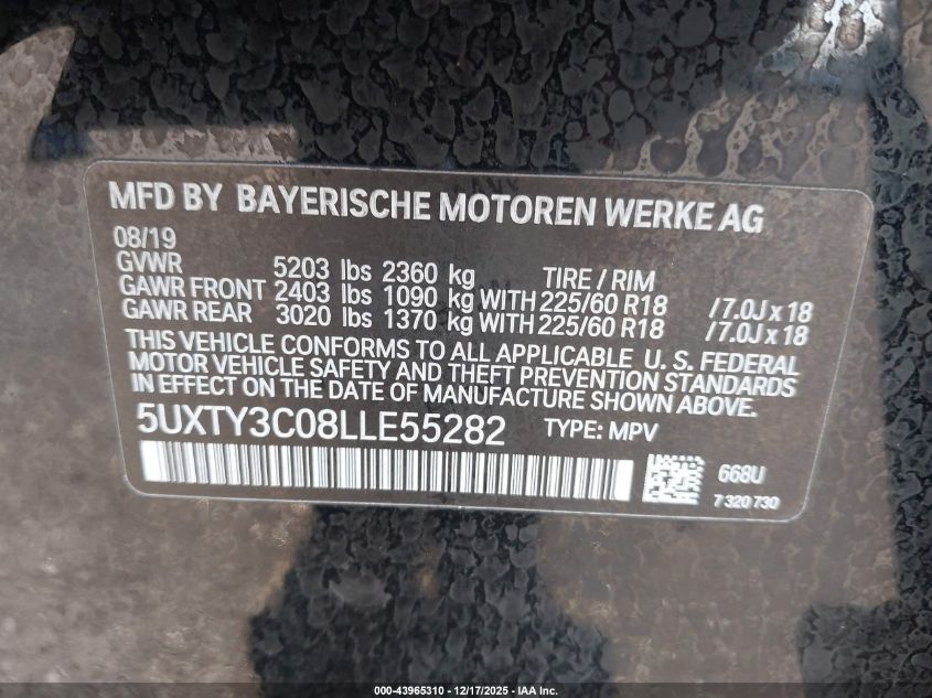 2020 BMW X3 Sdrive30I VIN: 5UXTY3C08LLE55282 Lot: 43965310