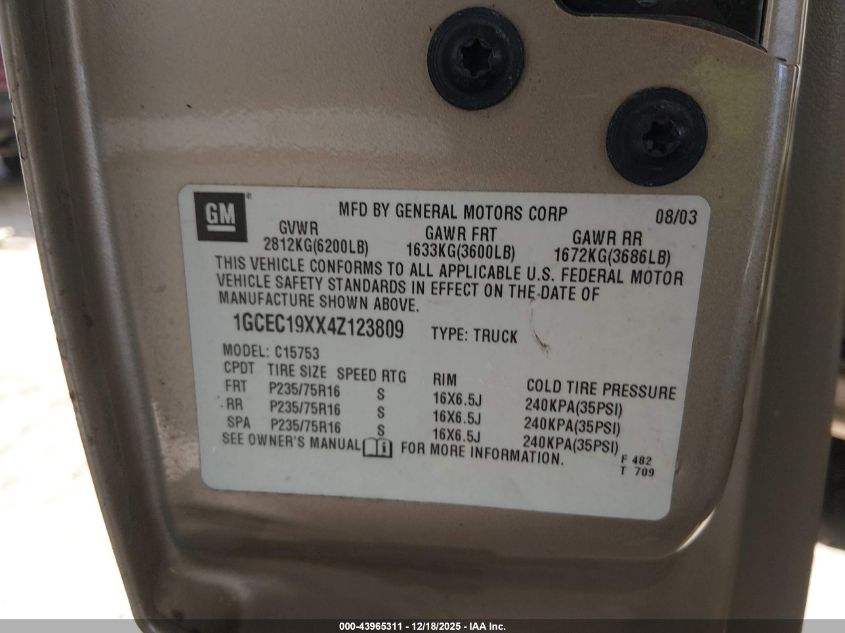 2004 Chevrolet Silverado 1500 Work Truck VIN: 1GCEC19XX4Z123809 Lot: 43965311