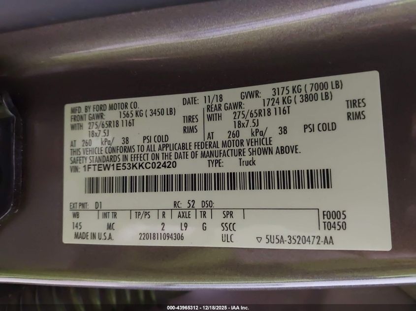 2019 Ford F-150 Xlt VIN: 1FTEW1E53KKC02420 Lot: 43965312