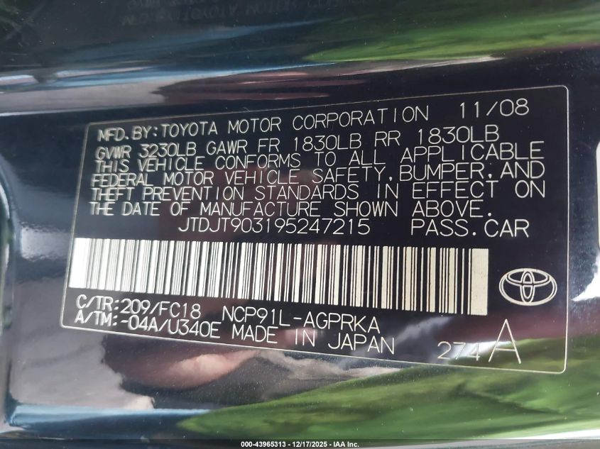 2009 Toyota Yaris VIN: JTDJT903195247215 Lot: 43965313