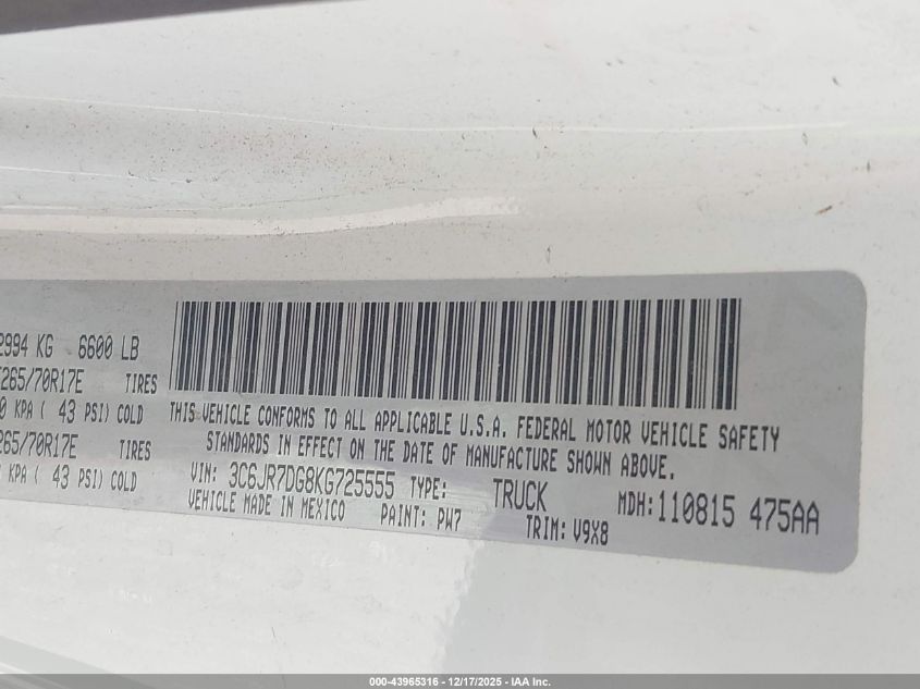 2019 Ram 1500 Classic Tradesman 4X4 8' Box VIN: 3C6JR7DG8KG725555 Lot: 43965316