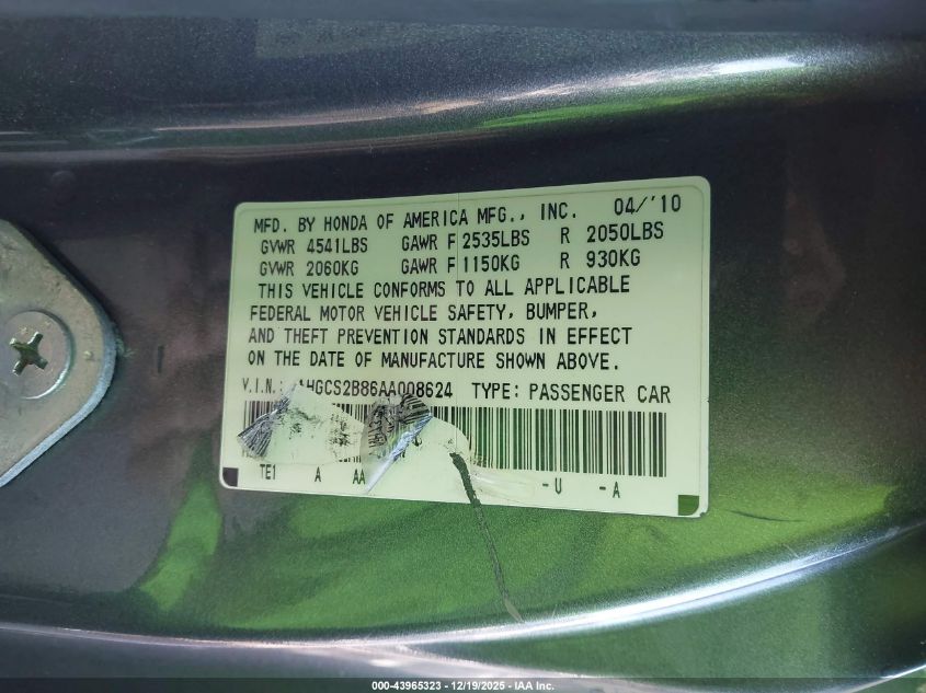 2010 Honda Accord 3.5 Ex-L VIN: 1HGCS2B86AA008624 Lot: 43965323