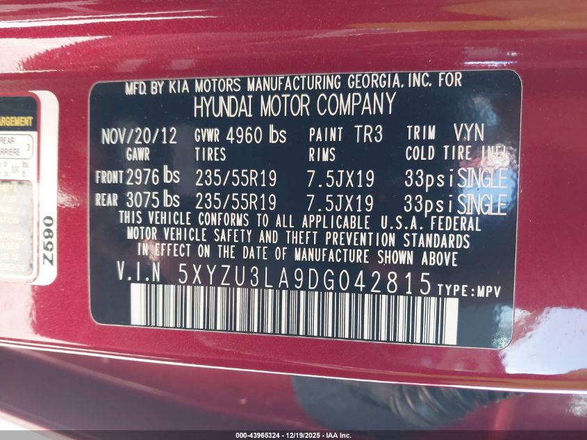 2013 Hyundai Santa Fe Sport 2.0T VIN: 5XYZU3LA9DG042815 Lot: 43965324