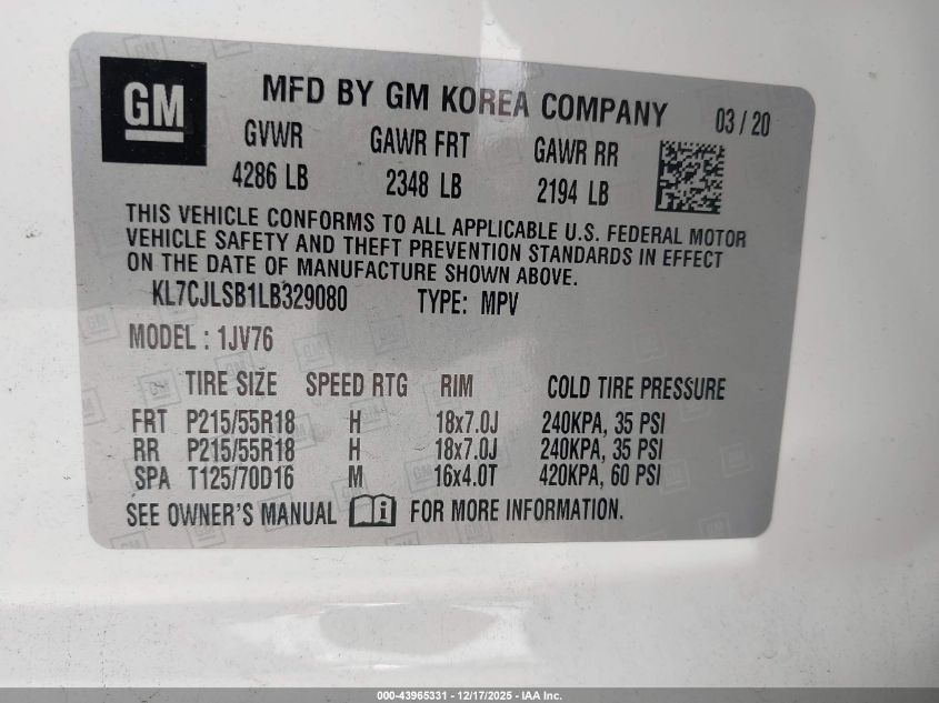 2020 Chevrolet Trax Fwd Lt VIN: KL7CJLSB1LB329080 Lot: 43965331