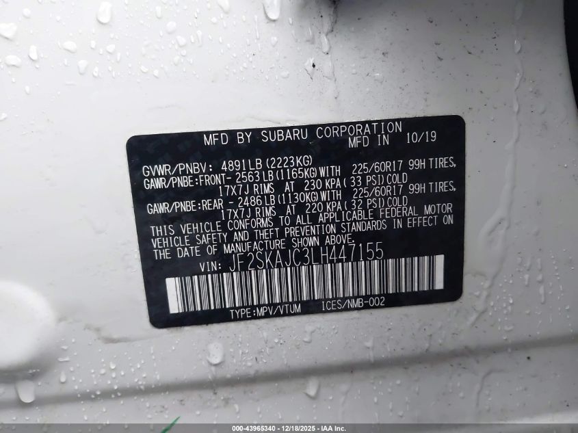 2020 Subaru Forester Premium VIN: JF2SKAJC3LH447155 Lot: 43965340